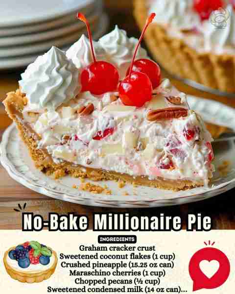 No-Bake Millionaire Pie 🍒 👉 𝗧𝗿𝘆 𝗜𝘁 𝗧𝗼𝗱𝗮𝘆! • 1 graham cracker crust • 1 cup sweetened coconut flak...