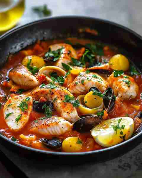 Fish Zarzuela with Seasonal Vegetables is a vibrant and flavorful dish inspired by Mediterranean cui...
