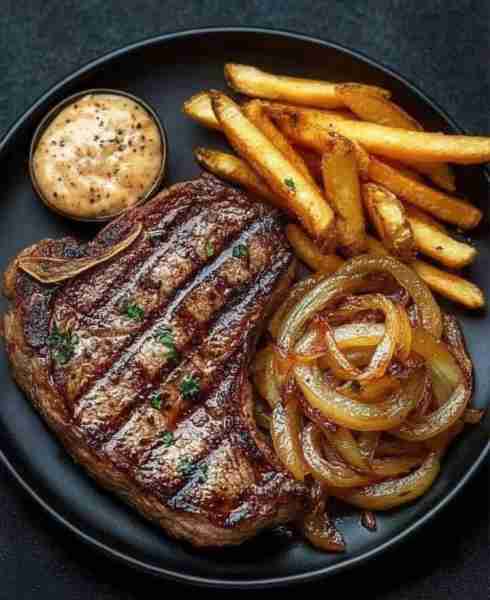 🥩 Grilled Steak with Caramelized Onions and Fries – A Classic Comfort Feast! 🍟 Juicy steak, sweet...