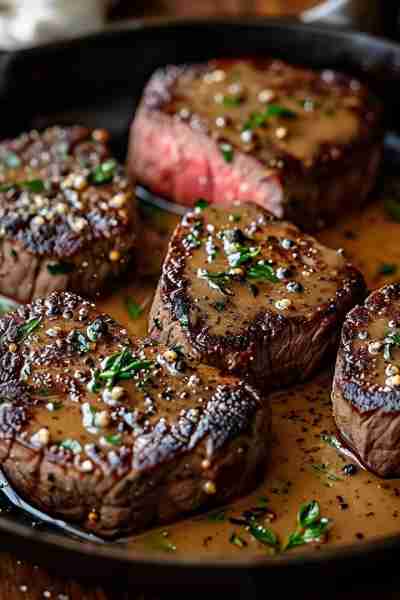 Perfectly Seared Filet Mignon with Creamy Shallot Peppercorn Sauce Ingredients: For the Filet Mignon...