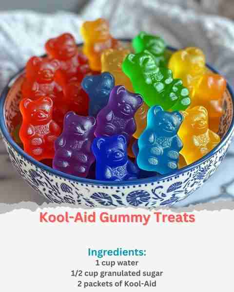 Kool-Aid Gummy Treats Ingredients: 1 cup water 1/2 cup granulated sugar 2 packets of Kool-Aid (any f...