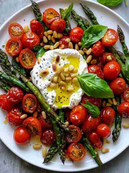 Grilled Asparagus and Cherry Tomato Salad with Burrata **Ingredients: - 1 bunch of asparagus (trimm...