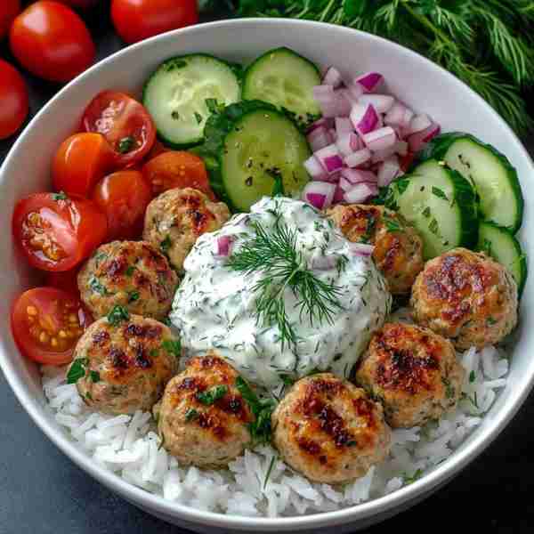 🍽️ Ultimate Greek Meatball Bowl with Tzatziki & Fresh Veggies 🥒🍅🍚 Prep Time: 20 min | Cook Time:...