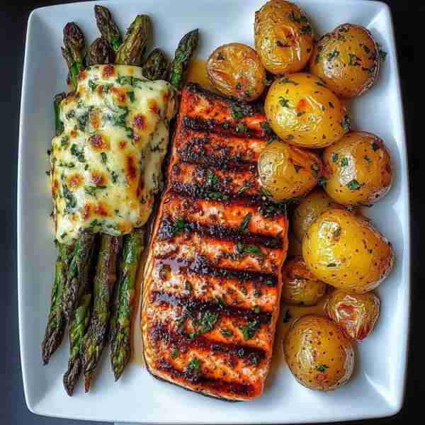 🐟✨ Spiced Salmon with Cheesy Asparagus & Garlic Herb Potatoes 🌿🧄 Prep Time: 15 minutes Cook Time...