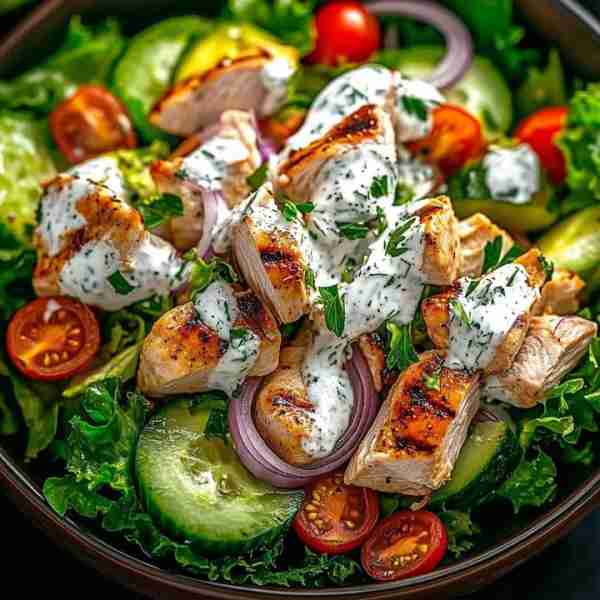 🌿 Mediterranean Delight: Tzatziki Chicken Salad 🍋🐓✨ Prep Time: 15 minutes Chill Time: 30 minutes...