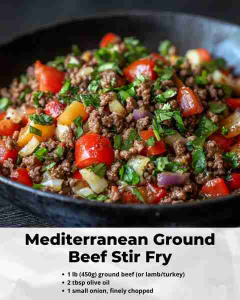Mediterranean Ground Beef Stir-Fry 🥩🌿 This Mediterranean-style ground beef stir-fry is flavor-pack...