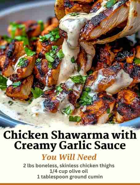 Chicken Shawarma with Creamy Garlic Sauce Ingredients: 2 lbs boneless, skinless chicken thighs 1/4...