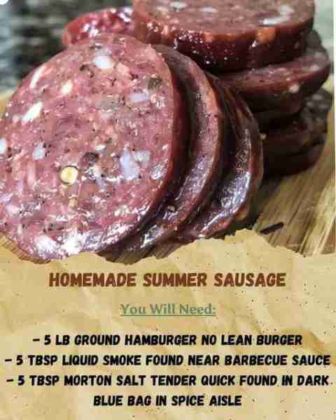 Homemade Summer Sausage Ingredients: - 5 lb ground hamburger no lean burger - 5 Tbsp liquid smoke fo...