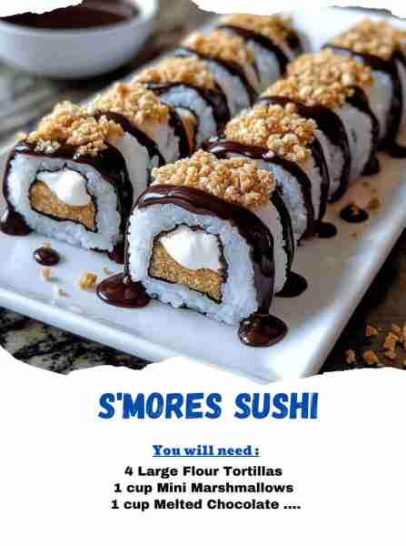 🍫🔥 S'mores Sushi 🍥✨ Ingredients: 4 Large Flour Tortillas 1 cup Mini Marshmallows ... Recipe in...