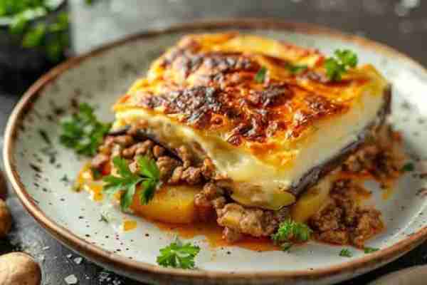 Greek Moussaka, a classic comfort dish, features layers of eggplant, minced meat, and a rich, creamy...