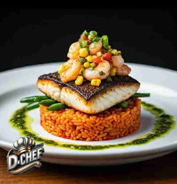 🐟 BLACKENED HALIBUT WITH SPANISH RICE & ROASTED CORN-SHRIMP SALSA 🌶️ Elevate your dinner game with...