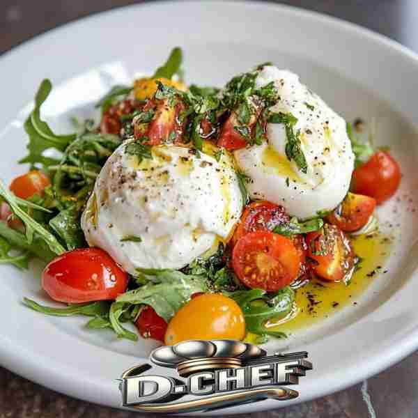 Burrata Salad with Tomatoes & Arugula Ingredients: 2 fresh burrata cheese balls 1 cup cherry tomatoe...