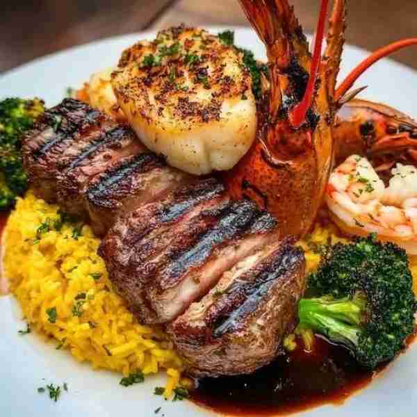 Lamb Chops, Seared Fish, Lobster, and Shrimp with Yellow Rice Ingredients: For the lamb chops: 4 lam...