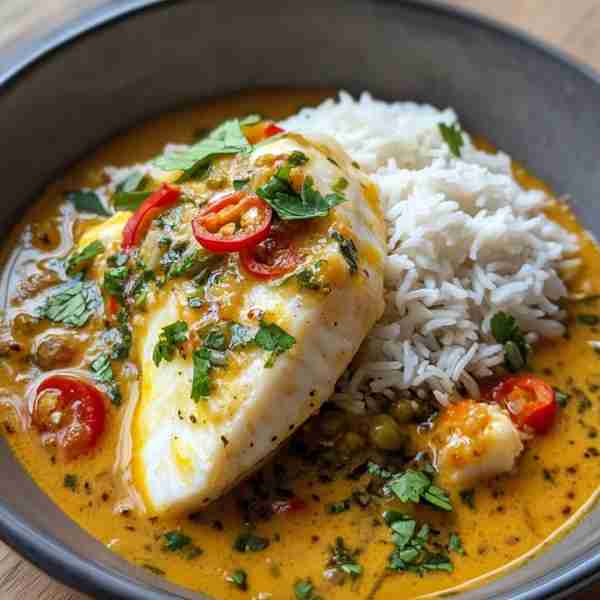 Coconut Curry Fish with Jasmine Rice 🐟🥥🍛🌿 Servings: 4 Prep Time: 15 minutes Cook Time: 25 minute...