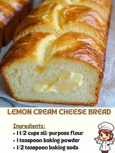 Lemon Cream Cheese Bread Ingredients: 1 ½ cups all-purpose flour 1 teaspoon baking powder ½ teaspoo...