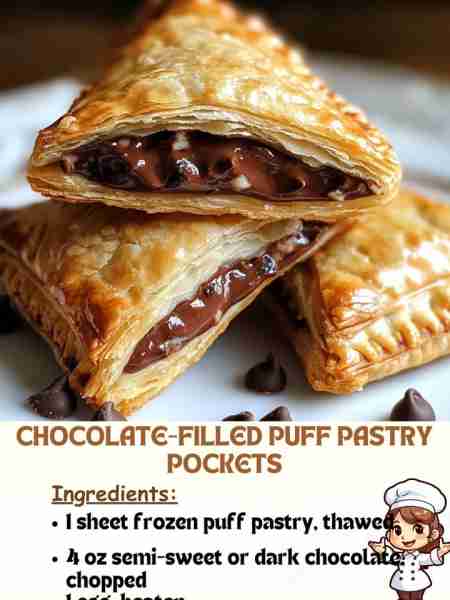 Chocolate-Filled Puff Pastry Pockets Ingredients: 1 sheet frozen puff pastry, thawed 4 oz semi-swee...