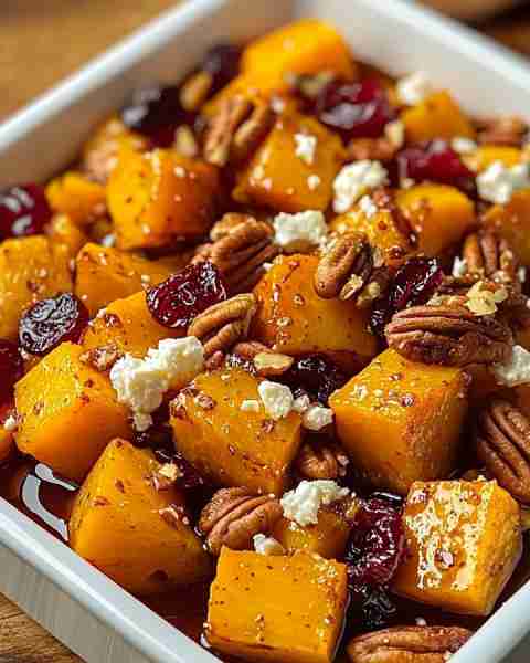 Roasted Butternut Squash with Honey, Feta, and Cranberries Ingredients: - 1 medium butternut sq...
