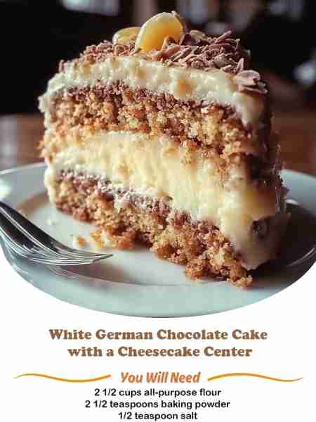 🍰 White German Chocolate Cake with a Cheesecake Center 🍰 Indulge in layers of deliciousness! This...