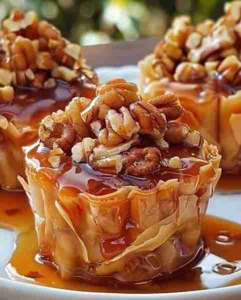 Pecan Caramel Baklava Cups 🤤🧡💛 Crispy, nutty, and dripping in caramel! Our Pecan Caramel Baklava...
