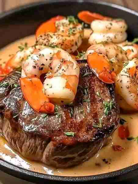 Filet Mignon with Shrimp and Lobster Cream 🥩🍤🦞 Ingredients: 4 filet mignon steaks (6 oz each) 8 s...