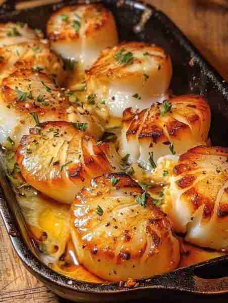 Garlic Butter Baked Scallops Ingredients: 1 lb large scallops, patted dry 4 tbsp butter, melted 3 cl...