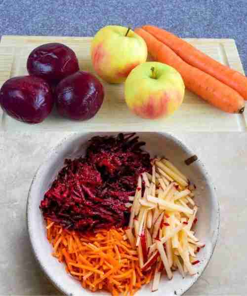 Beetroot, apple, carrot. I make this salad once a week! Healthy recipe. Must express something to ke...