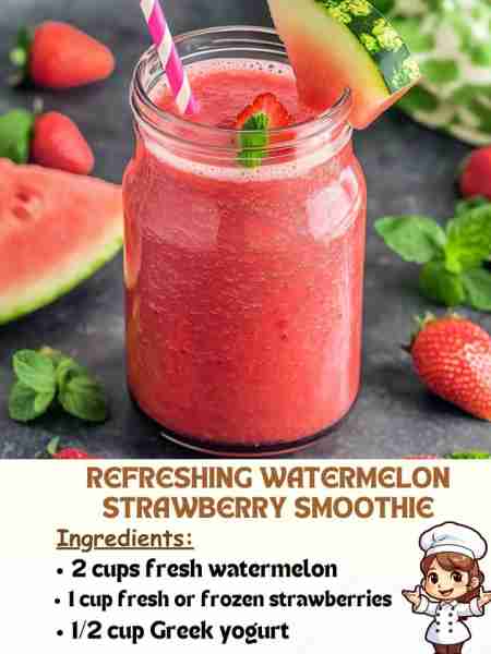 Refreshing Watermelon Strawberry Smoothie Ingredients: 2 cups fresh watermelon, cubed and chilled 1...