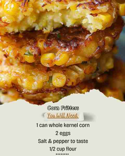 Corn Fritters 1 can whole kernel corn 2 eggs Salt & pepper to taste 1/2 cup flour 1 tsp baking powde...
