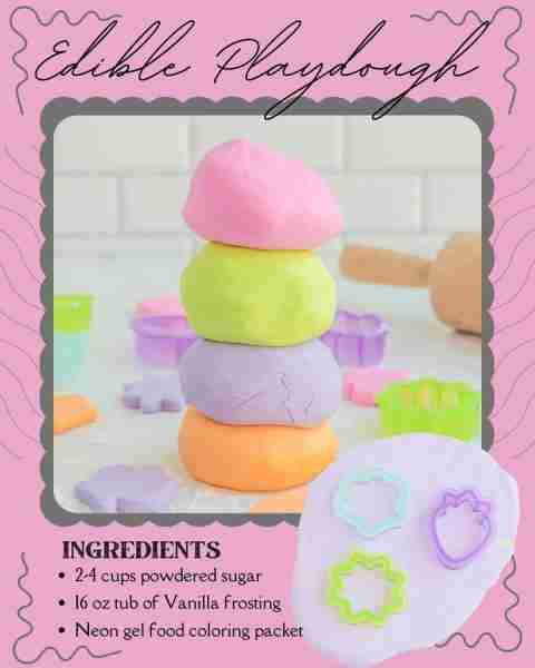 EDIBLE PLAYDOUGH! 💝 2-4 cups powdered sugar 💝 16 oz tub of Vanilla frosting 💝 Neon gel food color...