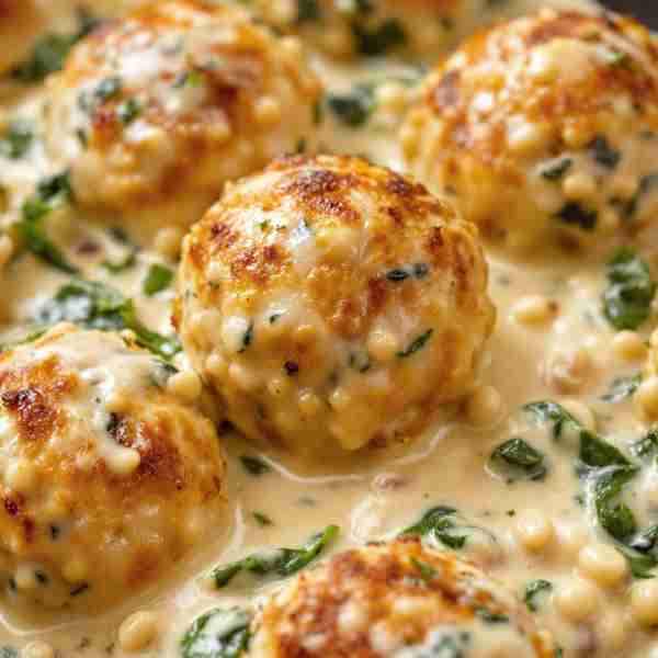 Chicken Ricotta Meatballs with Spinach Alfredo Sauce Yields: 4-6 servings Prep time: 20 minutes Cook...