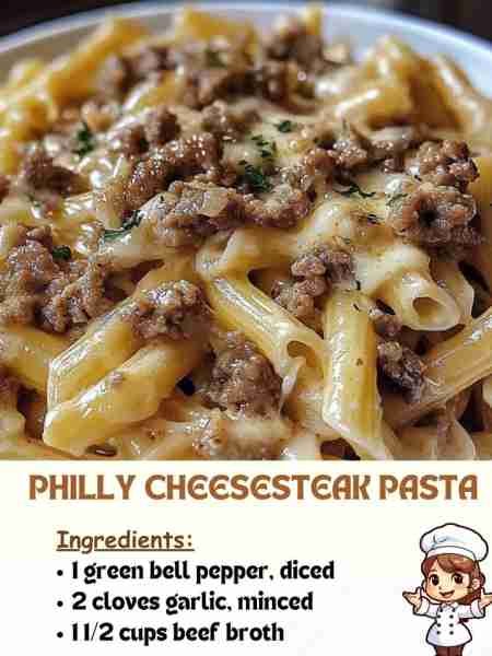 Philly Cheesesteak Pasta Ingredients: 1 green bell pepper, diced 2 cloves garlic, minced 1 ½ cups b...