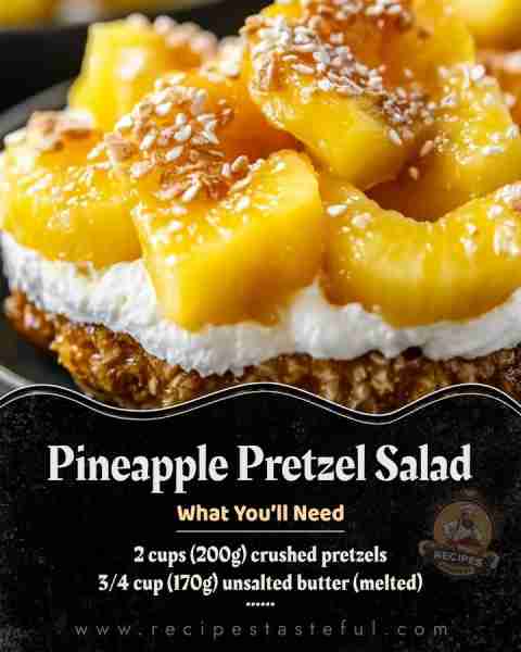 Pineapple Pretzel Salad 🍍🥨 Ingredients: For the Pretzel Crust: 2 cups (200g) crushed pretzels 3/4...