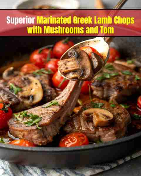 Marinated Greek Lamb Chops with Mushrooms and Tomatoes Ingredients: - 4 lamb chops - 2 cups mushroo...