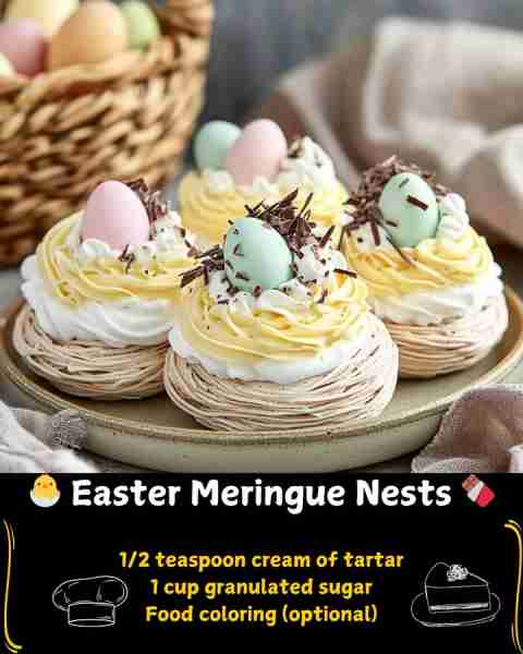 🐣 Easter Meringue Nests 🍫 Ingredients: 4 large egg whites 1/2 teaspoon cream of tartar 1 cup granu...