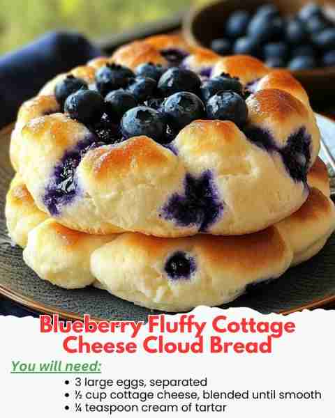 Blueberry Fluffy Cottage Cheese Cloud Bread 🤩🍇 Ingredients: 3 large eggs, separated ½ cup cottage...
