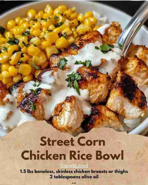 Street Corn Chicken Rice Bowl Ingredients: For the Chicken: 1.5 lbs boneless, skinless chicken breas...