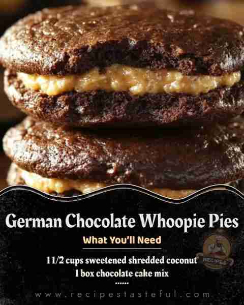 German Chocolate Whoopie Pies Ingredients: For the Chocolate Cookies: 1 box chocolate cake mix 1/2 c...