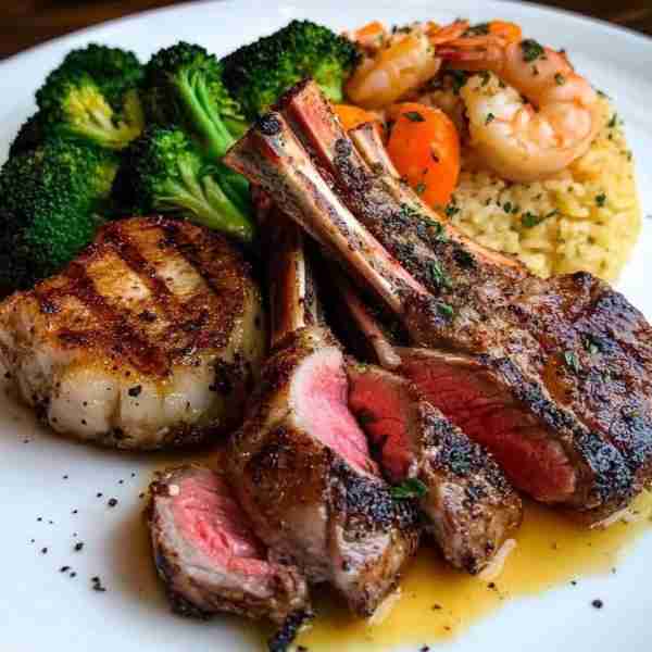 Grilled Lamb and Seared Fish with Broccoli and Shrimp Ingredients: 1 lb lamb chops (about 4 pieces...