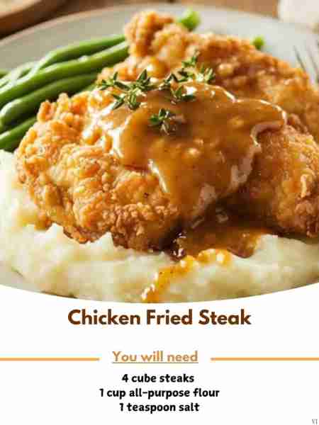 Chicken Fried Steak Ingredients 4 cube steaks (tenderized beef steaks) 1 cup all-purpose flour 1 tea...