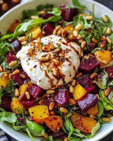 Beet & Burrata Salad with Pine Nuts Ingredients: - 4 medium beets, cooked and sliced - 1 burrata che...