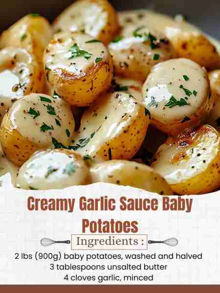 Creamy Garlic Sauce Baby Potatoes Ingredients: 2 lbs (900g) baby potatoes, washed and halved 3 table...