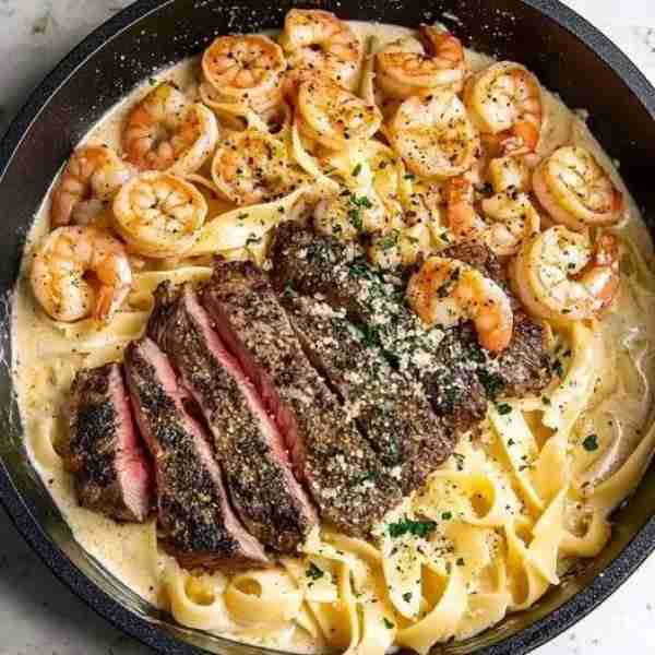 Cajun Blackened Steak & Shrimp Alfredo 🍽🔥 This creamy, flavor-packed pasta dish combines tender bla...
