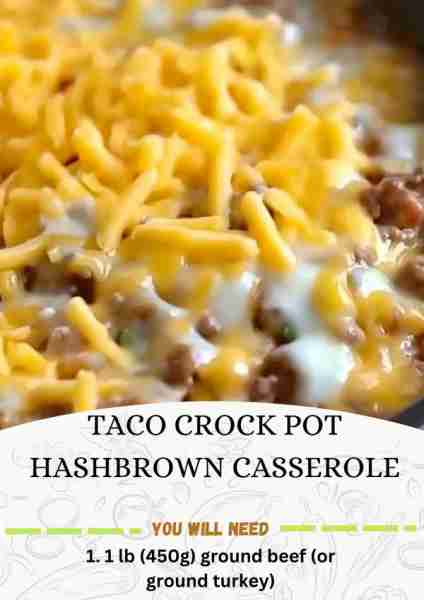 Taco Crock Pot Hashbrown Casserole Ingredients: 1. 1 lb (450g) ground beef (or ground turkey) 2. 1 p...
