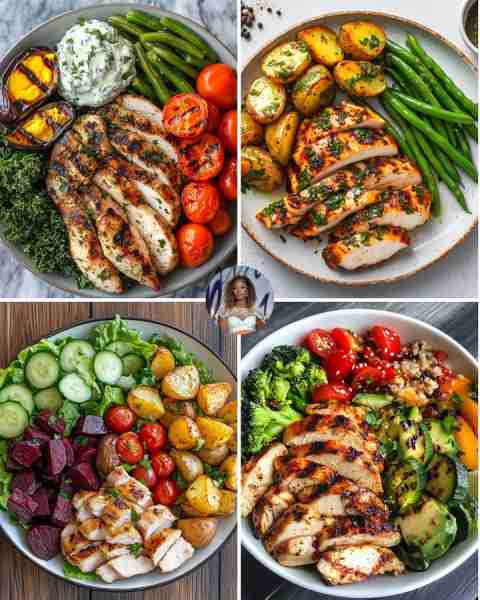 Mediterranean Grilled Chicken & Veggies 🍗🍆 ✅ Ingredients: Grilled chicken breast (seasoned with o...