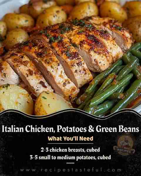 Italian Chicken, Potatoes, and Green Beans Ingredients: 2-3 chicken breasts, cubed 3-5 small to medi...