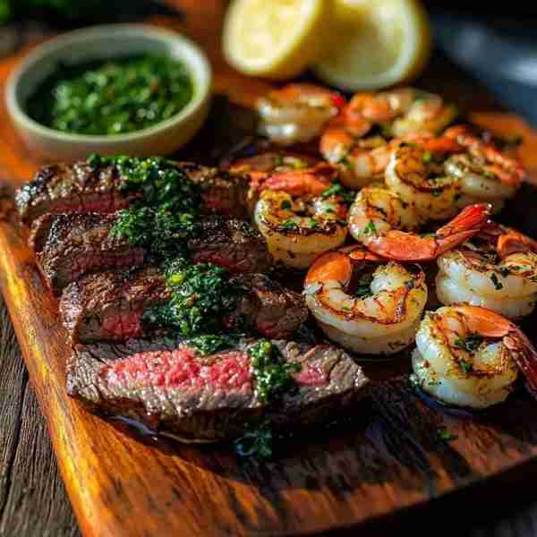 Grilled Flank Steak and Garlic Shrimp with Chimichurri Sizzle up a surf-and-turf masterpiece with ju...