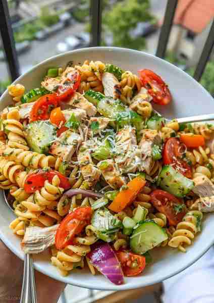 Brighten up your day with this Colorful Chicken Pasta Salad—a vibrant, nutritious meal filled with f...