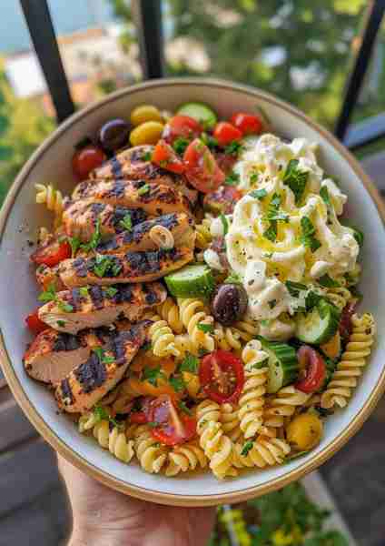 Greek Chicken Pasta Salad with Whipped Halloumi Foam 🧀✨🍗🍝 Ingredients: • For the Grilled Greek C...