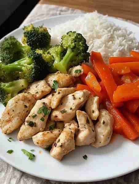 Garlic Herb Chicken with Steamed Rice & Vegetables🥦 A wholesome, protein-packed meal for a balanced...