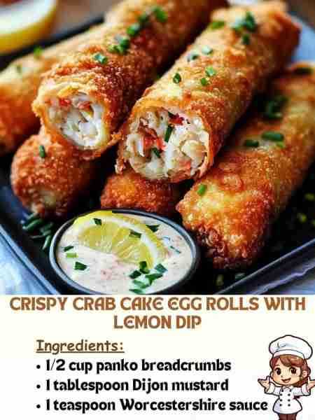 Crispy Crab Cake Egg Rolls with Lemon Dip Ingredients: 1/2 cup panko breadcrumbs 1 tablespoon Dijon...